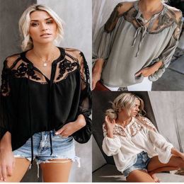 New designer Summer Solid Colour Chiffon Sexy Plus Size Shirts Loose V-neck Lace Hollow Out Embroidery Blouses Korean Fashion Women Clothing