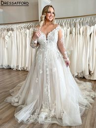 Plus Size Off The Shoulder A-Line Wedding Dresses Long Sleeve Appliques Lace Bridal Gowns