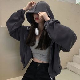 Autumn Korean Zip-up Short Hoodies Women Streetwear Casual Thin Sweatshirt Hooded Female Cardigans S-L 240424