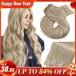 Extensions Moresoo Seamless Clip in Hair Extensions Real Human Hair Remy Seamless Hair Extensions Blonde PU Clip in Extensions 7pcs 120g