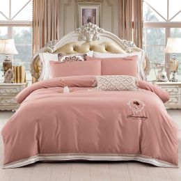 sets 2022 European Style 60 Longstaple Cotton Embroidered Plain Fourpiece Bed Sheets Cotton Net Red New Bedding Wholesale Pink