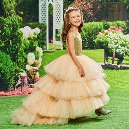 High Low Girl Dree Pretty Champagne Tiered Flower Long Tail Sequined Top Sleevele Kid Birthday Party Wedding Formal Wear Prom Pageant Gown Communion