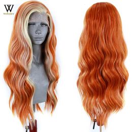 Websterwigs Orange Color Lace Front Wig for Women Synthetic Wigs Side Part Highlight Blonde Long Wavy 240419