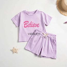 Clothing Sets Summer Casual Short Sleeve Set Toddler Girls Letter Printed T-Shirt Elastic Waist Shorts Two Piece Set 0-6Y Kids Clothes Girls H240429