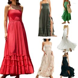 Casual Dresses Women Boho Halter Long Dress Evening Party Summer Clothes Solid Colour Ruffled Pleated Hem Backless Holiday Street