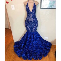 Blue Lace Mermaid Halter Royal Long Prom Dresses 2019 V Neck Sequins Illusion 3D Floral Sweep Train Formal Party Evening Gowns Bc1368