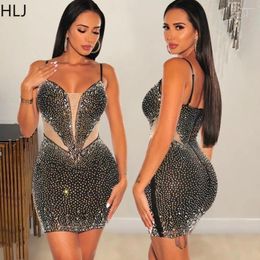 Casual Dresses HLJ Sexy Mesh Splicing Rhinestone Bodycon Suspenders Women V Neck Thin Strap Slim Mini Dress Fashion Party Club Clothing