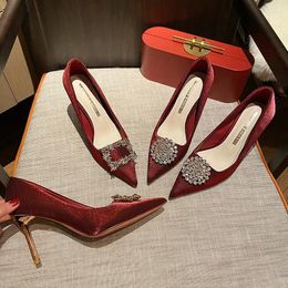 Dress Shoes Bride Wedding Pointed Toe Slip-on Stiletto High Heels Red Microfiber Rhinestone Crystal Buckle Large Size 32-43