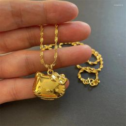 Chains 24k Gold Necklace Cute Kt Kitten Pendant Water Ripple 2mm46cm For Girls Wedding Birthday Gift