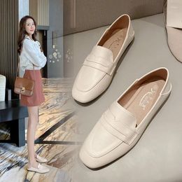 Casual Shoes Soft Soled Women's Small Leather Flat Bottomed British Style Square Toe One Foot Pedal Loafers Vulcanised