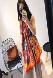 Designer Silk scarf Pashmina for Women Big size Spring Summer Orange FLoral Printed Long Scarves Scarfs Wrap 180x90Cm Shawls S2306384928