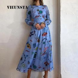 Casual Dresses Women Elegant O-Neck Sexy Dress Ladies Slim Boho Party Maxi Stylish Graffiti Print Lantern Sleeve Long Hollow Waist