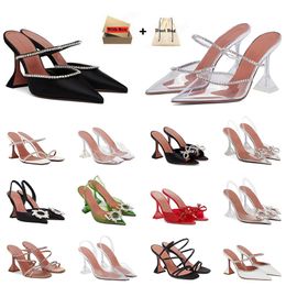 Amina muaddi sandal Rhinestone satin cross Slippers Bow Crystal Embellished mules pumps spool Heels clear sandals women summer luxury dress shoes With box