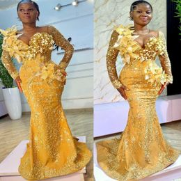 2024 Aso Ebi Gold Florals Mermaid Prom Dress Pearls Beaded Evening Formal Party Second Reception 50th Birthday Engagement Gowns Dresses Robe De Soiree ZJ330