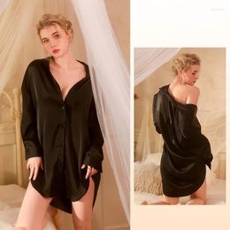 Women's Sleepwear Nightwear Ladies Sexy Home Wear Nightgown Lapel Long Sleeve Sleeping Shirt Loose Silk Satin Night Dress