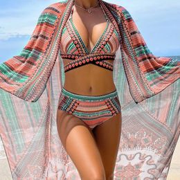 Women's Swimwear Women Bathing Suit 3 Piece Swimsuit Kimono Cross Wrap High Waist Bikini Beach Cover Up Africa Print