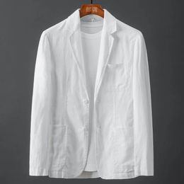 White Cotton Linen Suit Coat Mens Spring Summer Pure Colour Slim Casual Business Thin Mens Blazer Jacket Comfortable Breathable240416