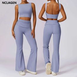 Frauen Tracksuits Nclagen 2-teiliger Yoga Set Womens Dehnbarer Sport Fitness Set Crop Tank Top BH und Bewegung Flared Hosen Fitnessstudio 240424