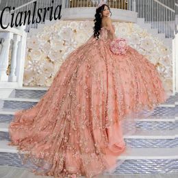 Blush Pink Off The Shoulder Ruffles Ball Gown Quinceanera Dresses 3D Flowers Sequined Lace Corset Sweet 15 Vestido