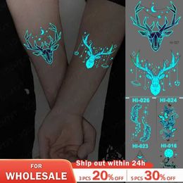 Tattoo Transfer 5PCS Luminous Waterproof Temporary Tattoo Sticker Antlers Feather Butterfly Snake Glow Flash Tatto Women Men Arm Fake Tattoos 240427
