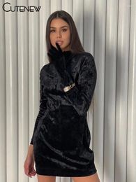 Casual Dresses Cute Women's Solid Velvet Patchwork Mini Dress Sexy Long Sleeve Turtleneck Backless Midnight Party Vestidos 2024
