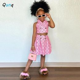 Clothing Sets Qunq Girl 2024 Summer Print Heart-shaped Butterfly Button Casual Vest Half Skirt Two-piece Set 3T-8T
