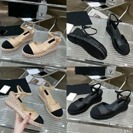 Womens Designer Wedge Spliced Ankle Adjustable Buckle Sandals Woven Wool Heels Platform Embroidered Fisherman Shoes Original Quality