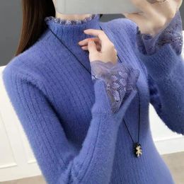 Women's Sweaters Mink Sweater Women Fall/Winter 2024 Half Turtleneck Lace Stitching Tops Female Slim Chic Knitted Bottoming Pullover