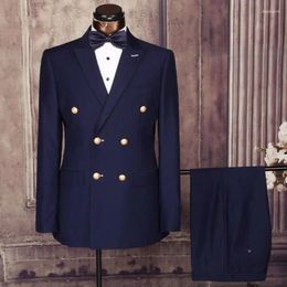 Men's Suits Navy Blue Double Breasted Men Suit Smart Business Jacket Slim Fit 2 Piece Groom Tuxedo Custom Blazer Costume Homme Mariage