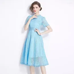 Party Dresses Elegant Fashion Lace Hollow Out Midi Dress Clothes Women Summer Chic Stand Collar Short Sleeve Embroidery