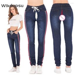 Women's Jeans Women Fashion Side Striped Skinny Tight Denim Pencil Trousers Invisible Zipper Open Crotch Outdoor Sex Pants Clothes