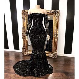 Off Elegant The Shoulder Black Sequins Mermaid Evening 2019 Long Sleeves Floor Length Formal Party Celebrity Dresses Bc1422