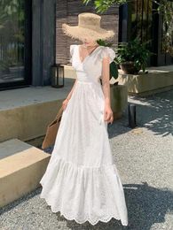 Women White V-neck Backless Bandage Evening Party Dress Fashion Hollow Out Long Sleeve Elegant Slim A-line Sundress Vestidos 240418