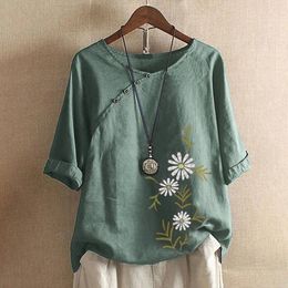 Women's Blouses Casual Women Blouse Vintage Floral Print Tops Cotton Linen Loose O Neck Short Sleeve Buttons Irregular Ladies Clothing