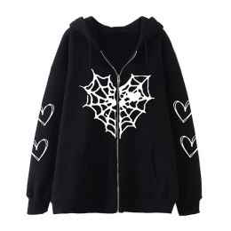 Sweatshirts Gothic Heart Mesh Print Hoodies Women Zip Pocket Hooded Casual Mens Sweatshirts Hip Hop Streetwear Jacket Harajuku Y2K Clothes