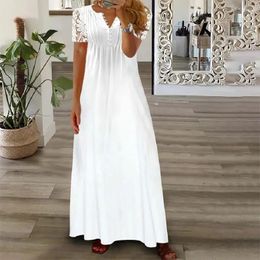 Spring/Summer Fashion Womens Short Sleeve Printed Lace Dresses Elegant White V-neck Slim Fit Party Long Vestidos S-5XL 240418