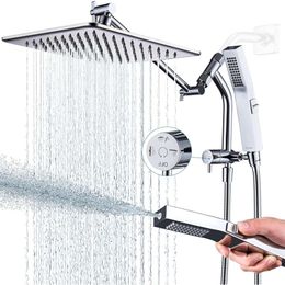 3-Way Diverter Rain Shower Head with Handheld, Built-in Power Wash Mode, Pause Setting, Adjustable Extension Arm with Lock Joint - Stainless Steel