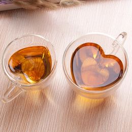 180ml240ml Heart Love Shaped Tea Beer Mug Juice Cup Coffee Cups Gift Double Layer Glass HeatResisting Drinkware 240418