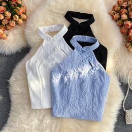 Women's Tanks HELIAR Women Halter Tops Off Shoulder Backless Tank Solid Chinese Bow Vintage Embroidry Crop For Summer