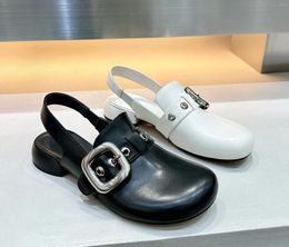 Casual Shoes 2024 Spring And Summer Style Fetal Cow Leather Round Toe Flat Belt Buckle Baotou Sandals Square Heel Single