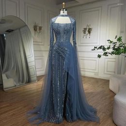 Party Dresses Serene Hill Blue Mermaid Cape Sleeves Luxury Beaded High Split Long Evening Gowns For Women Wedding 2024 BLA72312