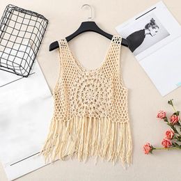 Women's Tanks Knitted Crop Tops Thailand Holiday Vintage Vest For Women Bohemia Hollow Out Short Camis Ethnic Style Suspenders Tassel