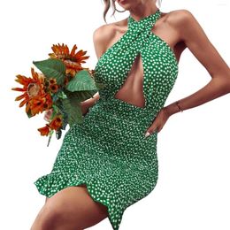 Casual Dresses Y2K Women Criss Cross Halter Tie Backless Mini Dress Summer Floral Print Sexy Cut-Out Short Bodycon For Date