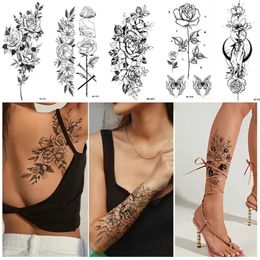 Tattoo Transfer Fake Tatoo Waterproof Temporary Tattoos Flower Tattoo Sticker Sexy Arm Legs Body Art Temporary Painting Long Lasting Black Rose 240426