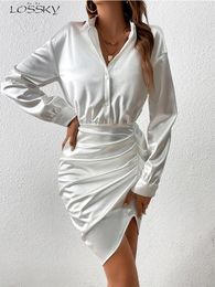 Casual Dresses Satin Short For Women Elegant Ruched Slit Shirt Dress Spring Fashion White Button In 2024 Arrivals