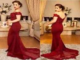 Burgundy Off The Shoulder Prom Dresses Long Cap Sleeves Beads Sequins Lace Appliques Mermaid Evening Gowns African Party Dress Ves4082718