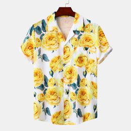 Men's Casual Shirts White Yellow Rose Floral Print Hawaiian Shirt Men 2023 Summer New Short Sleeve Beach Aloha Shirts Men Holiday Vacation Clothing 240424