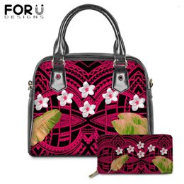 Shoulder Bags FORUDESIGNS Fashion PU Crossbody For Women Polynesian Plumeria Printing Luxury 2Pcs Set Handbags Wallets Female Bolsa Gifts