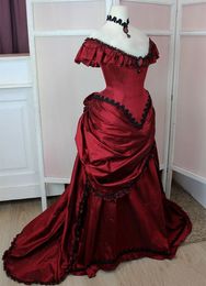 Ruched Victorian Bustle Prom Dresses Dark Red Off Shoulder Vintage Princess Evening Gown For Women 2024 Corset Halloween Masquerade Special Occasion Wear