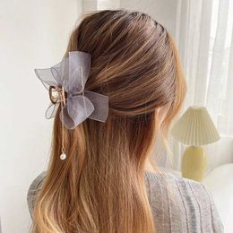 Glamps novas mulheres mulheres elegantes chiffon pérola pendente de metal garras de cabelo doce decoram os clipes de cabelo da cabeça traseira Acessórios para cabelos da moda y240425